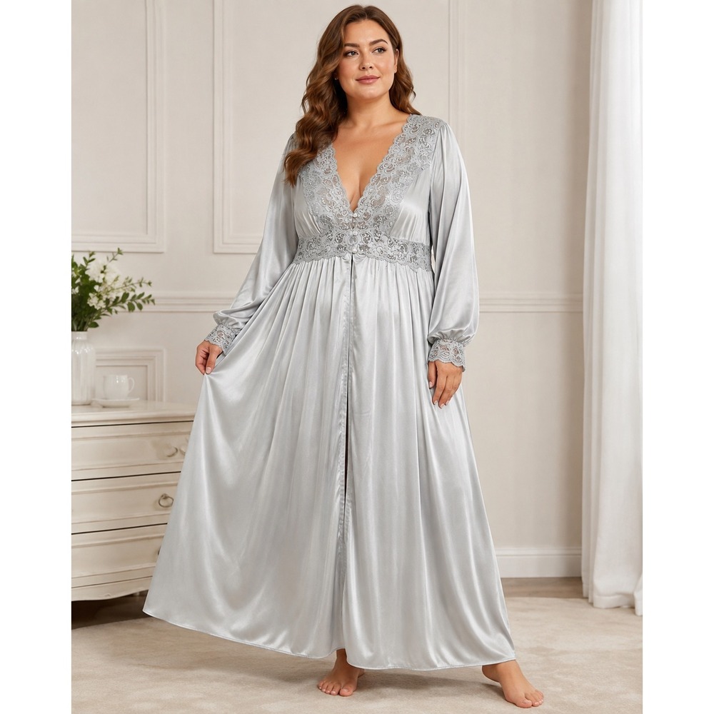 Vintage Shadowline Silver Lace Duster Robe 1X Long Nylon Peignoir Romantic